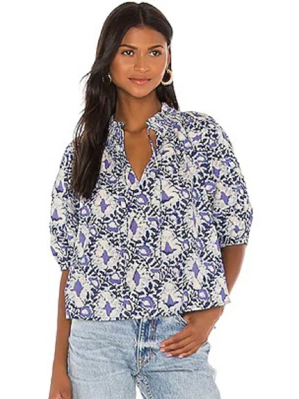 Free People Willow Printed Blouse XS Blue Floral Puff Sleeve Boho Top Cotton Y2K